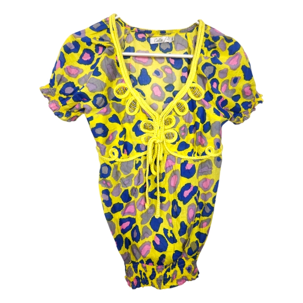 Y2K Vintage Calla Gyaru Top Bright Yellow Animal Print Beaded Size Medium